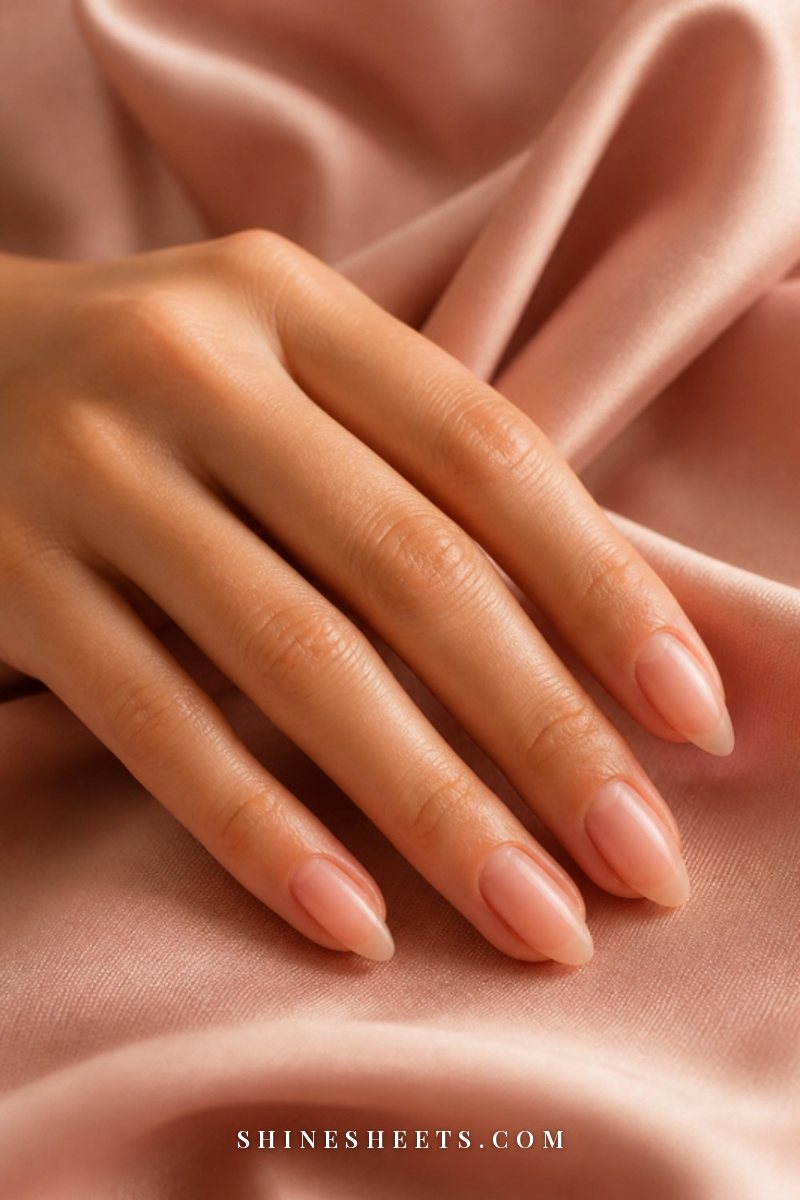Elegant woman's hand with medium-length almond-shaped natural nails resting on a blush silk fabric