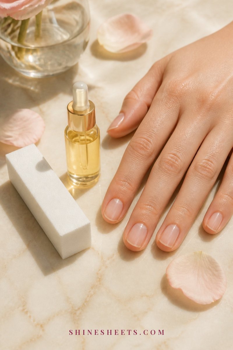 White four-sided nail buffer block and a bottle of cuticle oil beside a woman's hand with clean natural nails