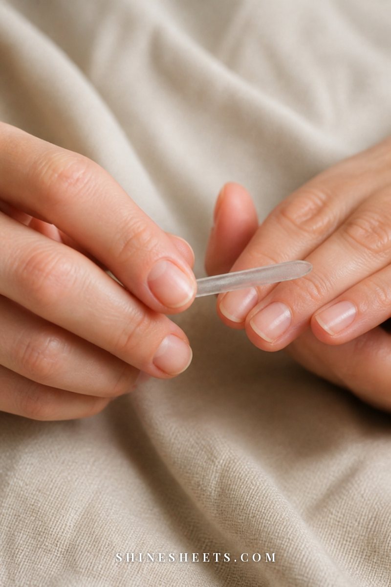 Woman's hand holding a glass nail file at a gentle angle under a short natural nail, soft natural light