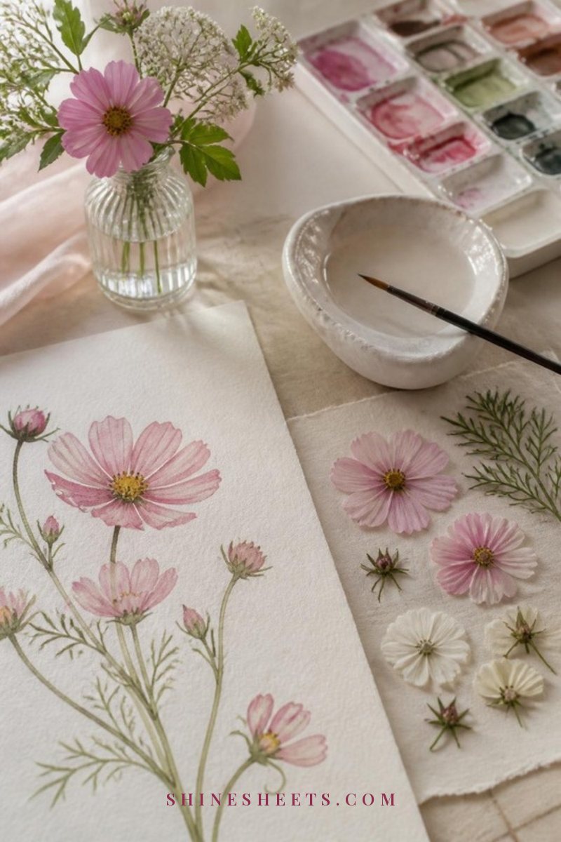 Botanical watercolor of pink flowers in progress beside pressed flowers, a brush and a small clay dish