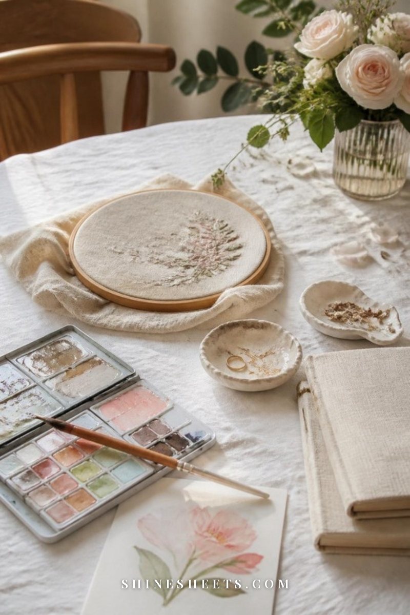 Craft table with a watercolor set, an embroidery hoop with a floral design, air-dry clay dishes and a linen journal