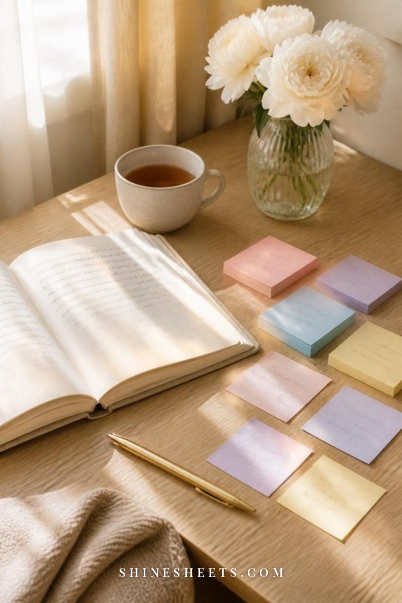 Open cream journal with soft pencil scribbles, pastel sticky notes, a pen and a cup of tea on a light wooden desk