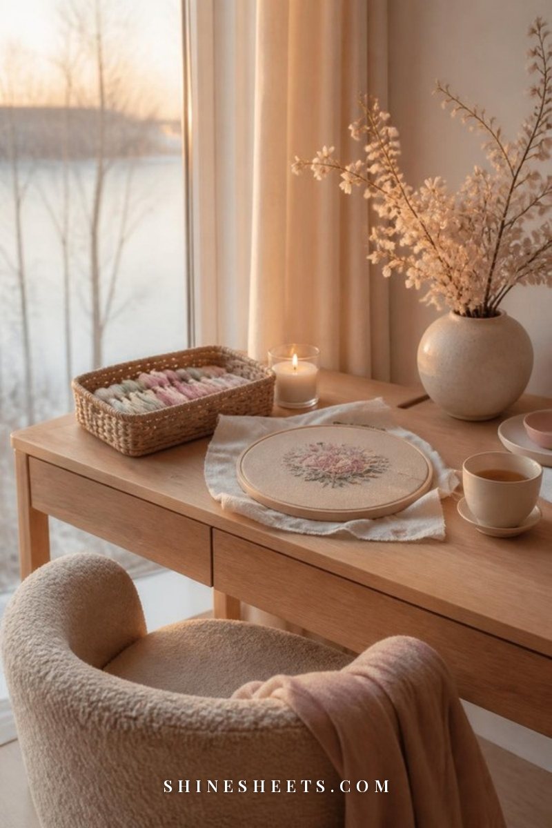 Small creative corner by a window with a wooden desk, an embroidery hoop in progress, a lit glass candle and a basket of threads