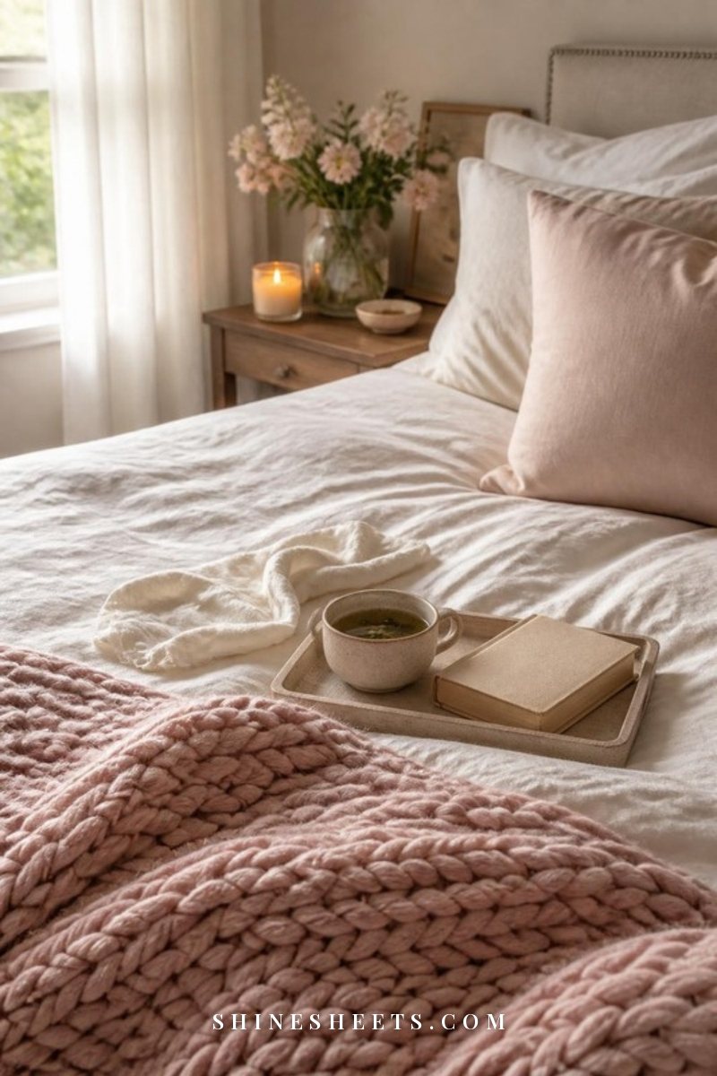 White linen bed with a blush knit throw, a cup of tea and a closed book in soft afternoon light