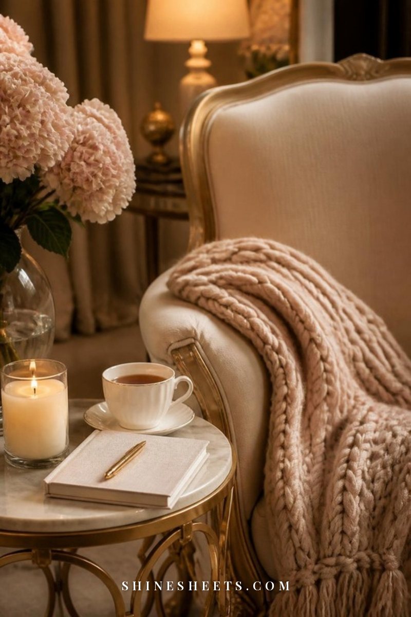 A cozy armchair with a soft beige throw blanket, a glass jar candle, a cup of tea and a closed cream linen journal on a side table