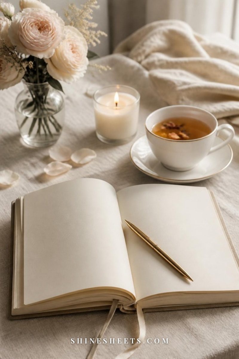 Open cream linen journal with a gold pen, a glass jar candle and a cup of tea on a beige linen tablecloth