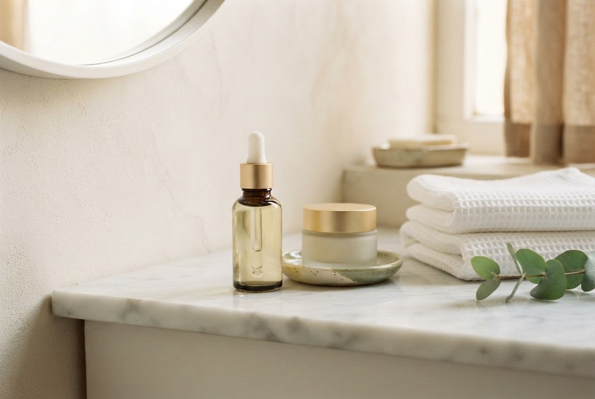 Clear glass dropper bottle, a cream jar and folded white face towels on a marble bathroom shelf in soft morning light