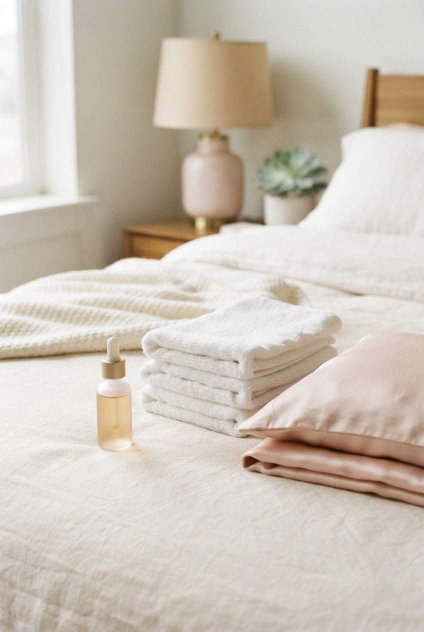 Small unlabeled dropper bottle, a stack of white cotton face towels and a blush pink silk pillowcase on a linen bedspread