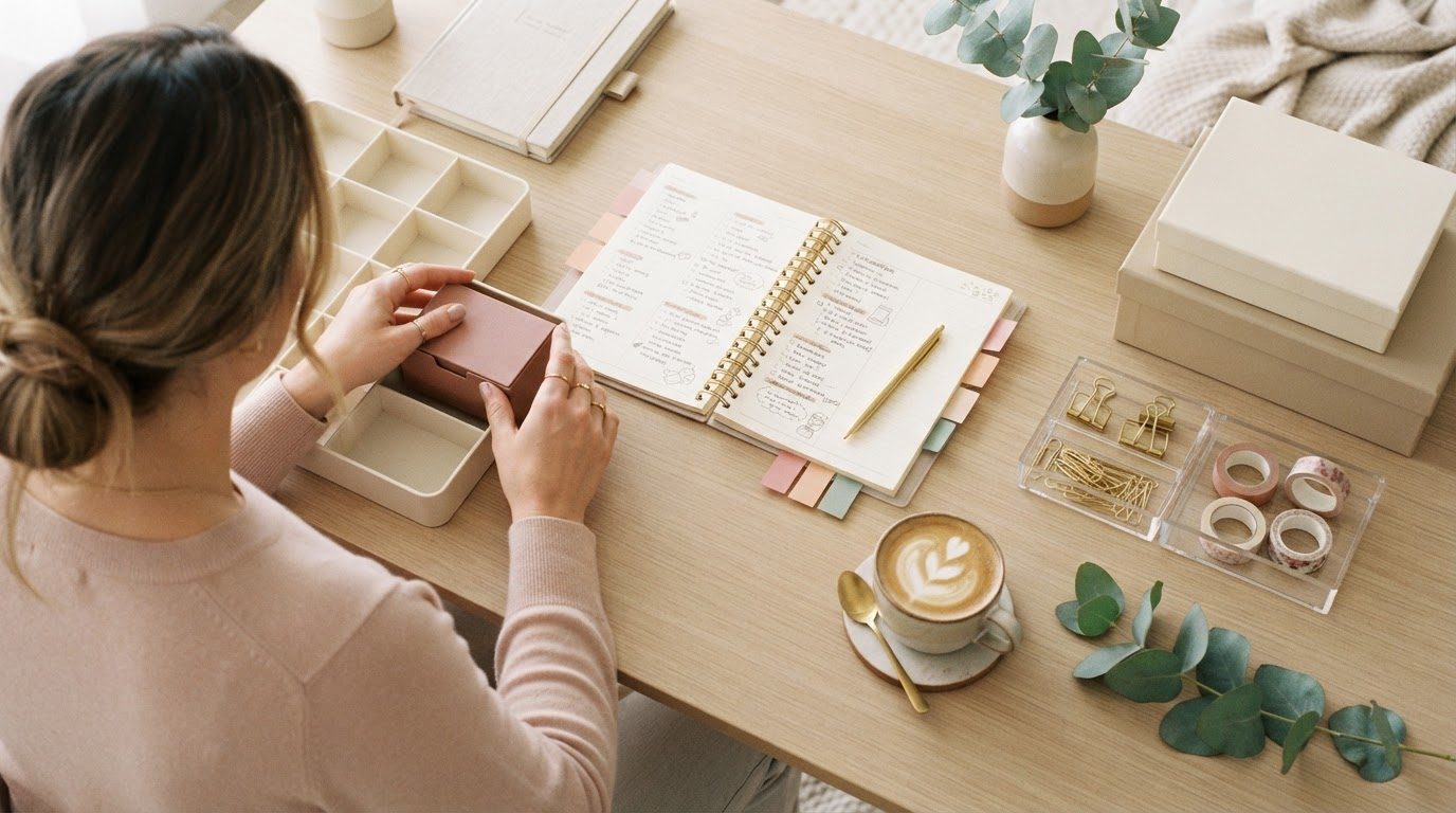 Flat lay of planner, organizer trays and storage boxes showing how to get organized