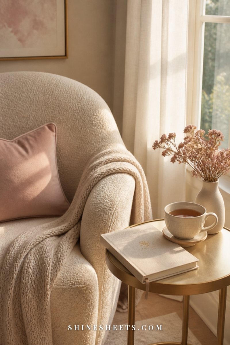 A cream knit blanket, a cup of tea and a closed journal on a sofa in soft afternoon light