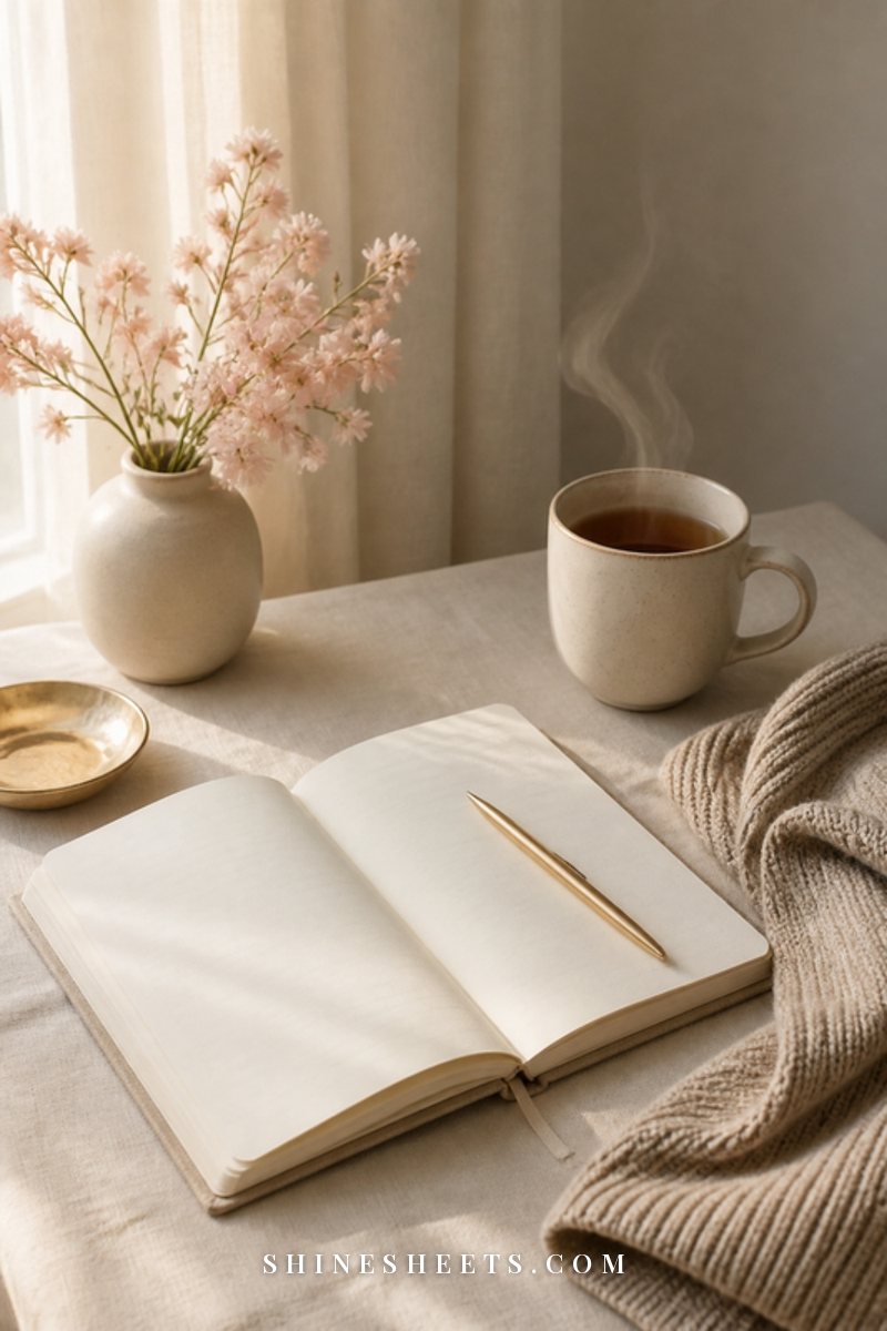 An open journal with blank pages, a gold pen and a cup of tea on a linen tablecloth