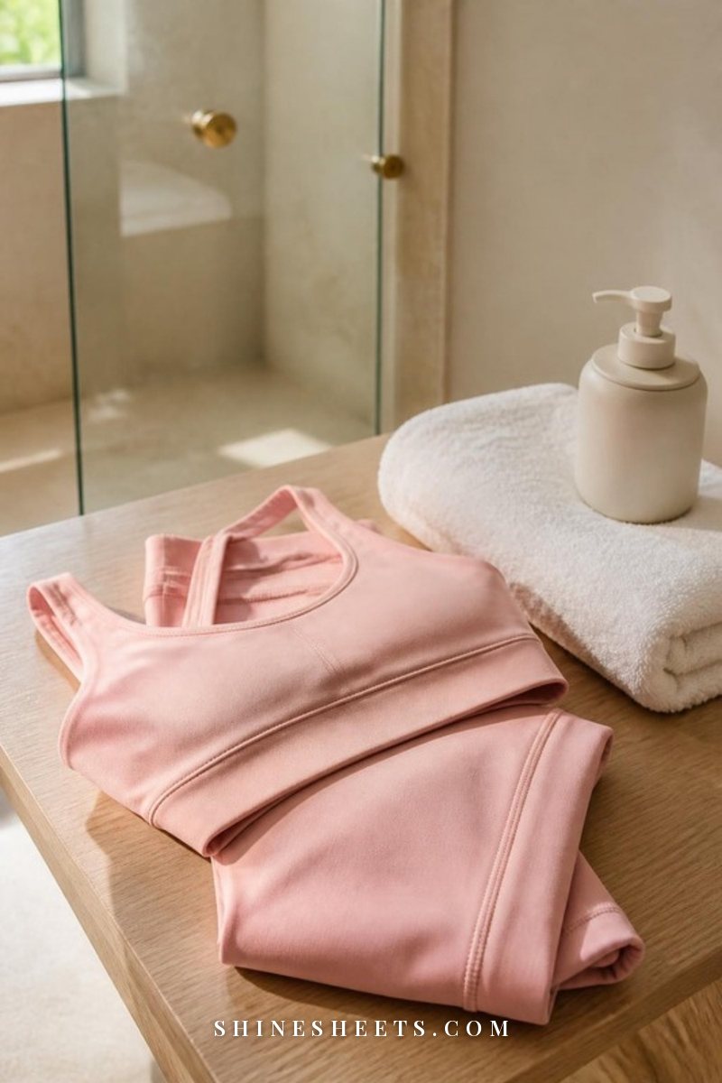 Folded blush activewear set beside a white cotton towel and a cream body wash bottle on a wooden bathroom bench