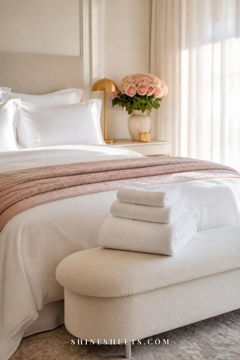 Freshly made bed with crisp white cotton sheets and a neat stack of folded white cotton towels on a cream bench at the foot