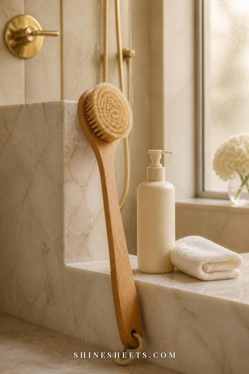 A long-handled natural bristle back brush and a cream body wash bottle on a white marble shower ledge with a folded white towel