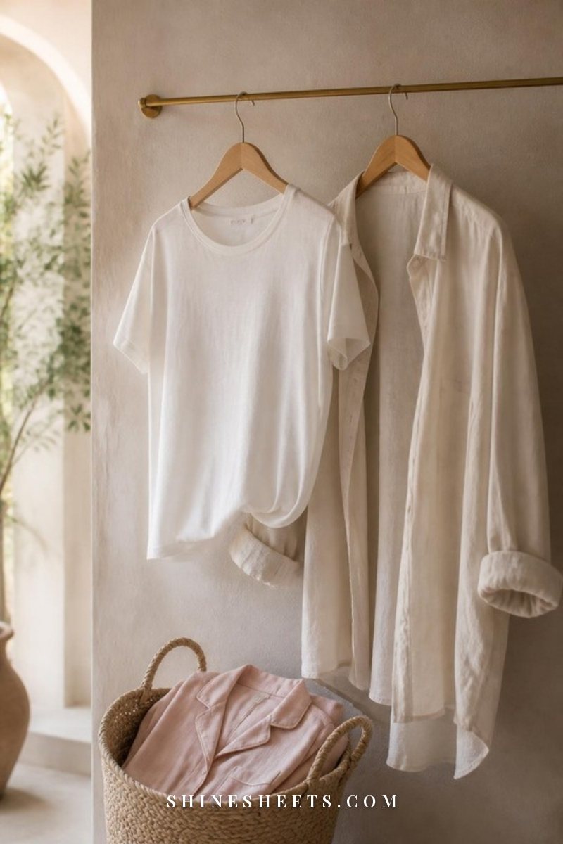 A loose women's white cotton t-shirt and a cream linen button-down shirt hanging on wooden hangers against a soft beige wall
