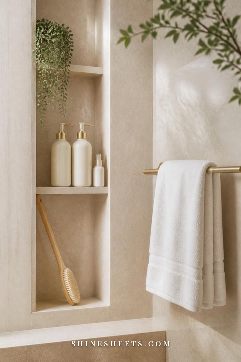Neatly arranged shower shelf with two cream pump bottles, a long-handled back brush, a folded white towel and a small sage green plant