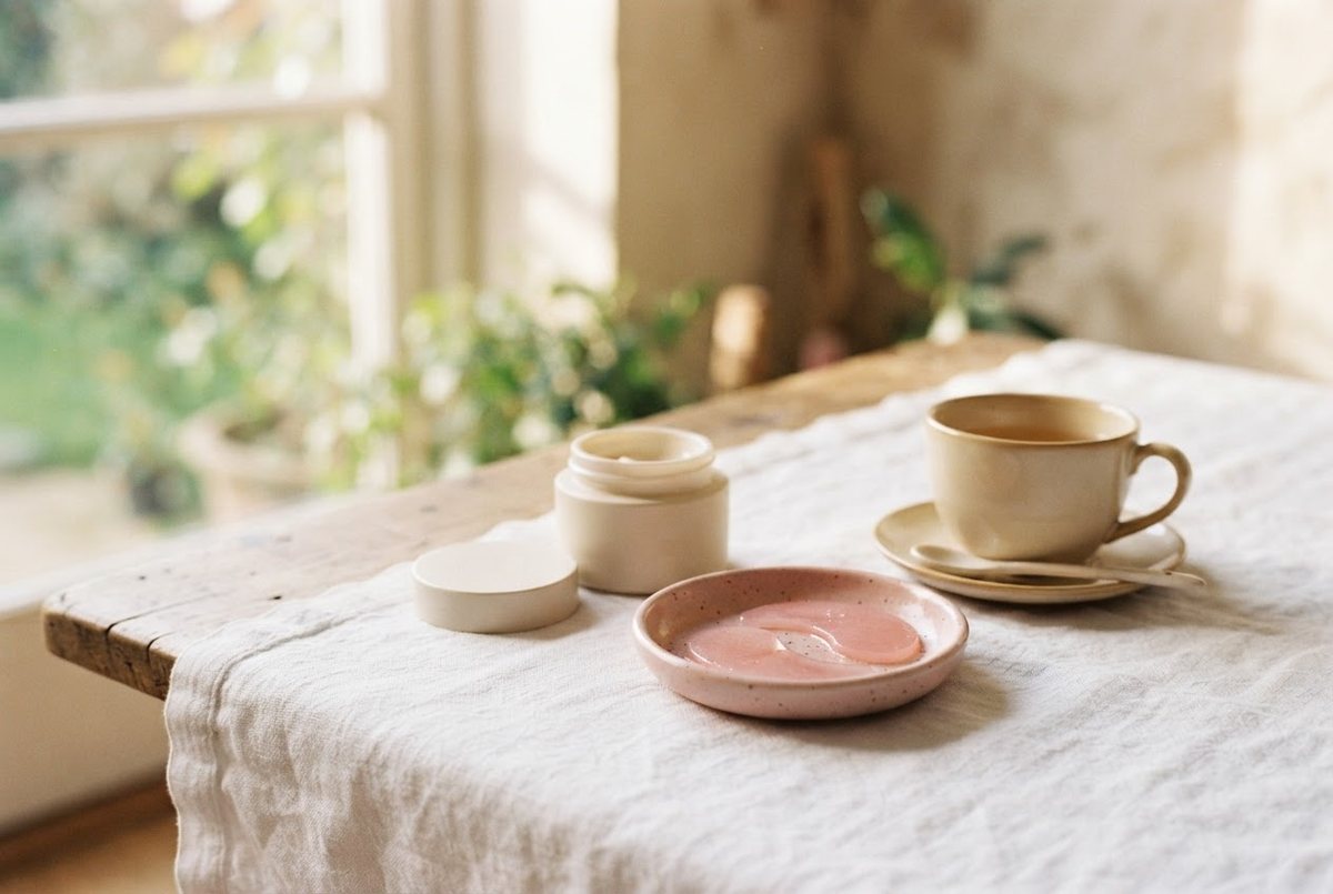 Cream eye cream jar, pink under-eye patches on a ceramic dish and a cup of tea on a white linen cloth in soft morning light