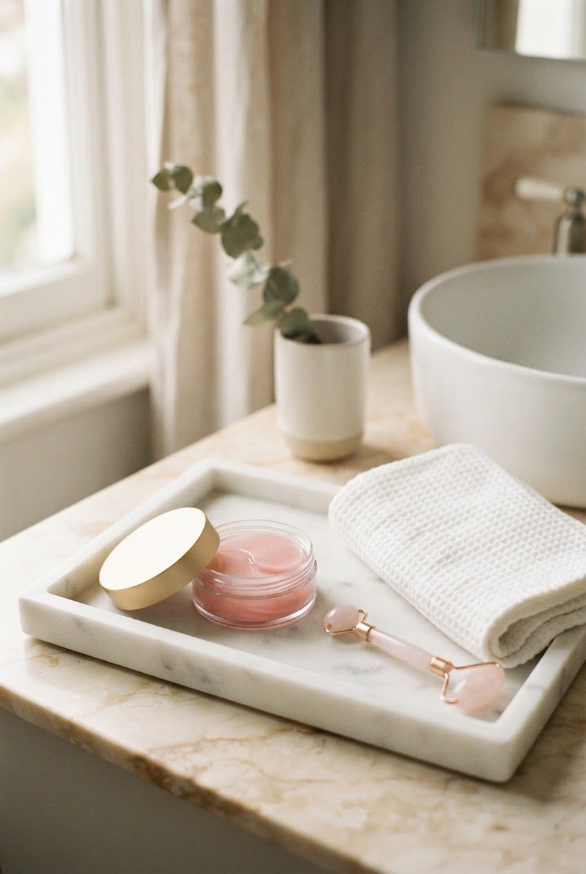 Pink hydrogel eye patches in an open jar, a cooling facial roller and a white towel on a marble tray