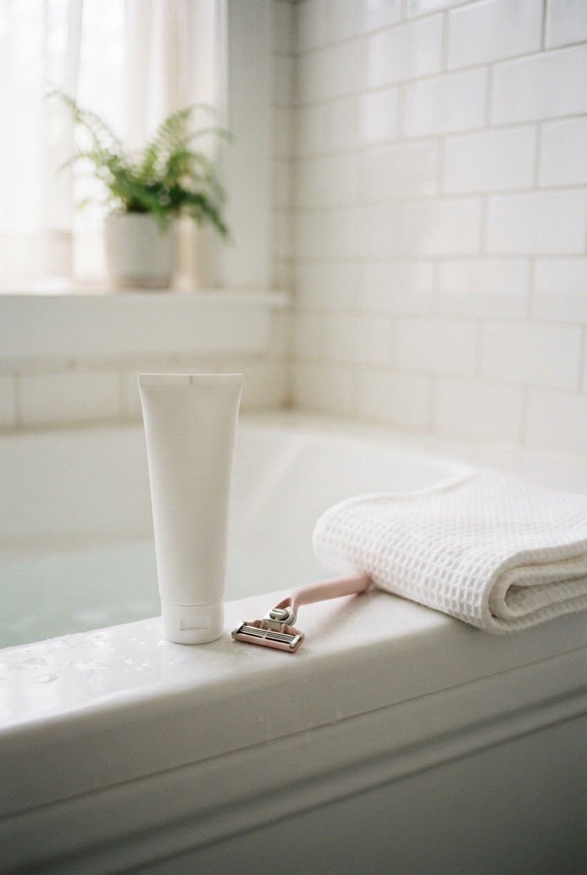Fragrance-free shave cream, a pink razor and a folded white towel on the edge of a white bathtub with soft daylight