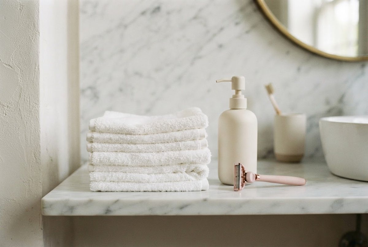 White cotton washcloths, a cream bottle of body lotion and a pink razor on a white marble bathroom shelf