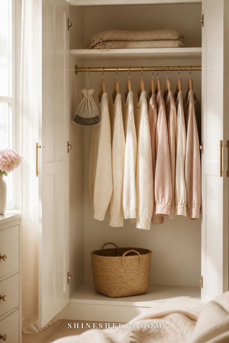 Airy closet with spaced cream and blush clothes on wooden hangers and a small linen pouch of charcoal on the shelf