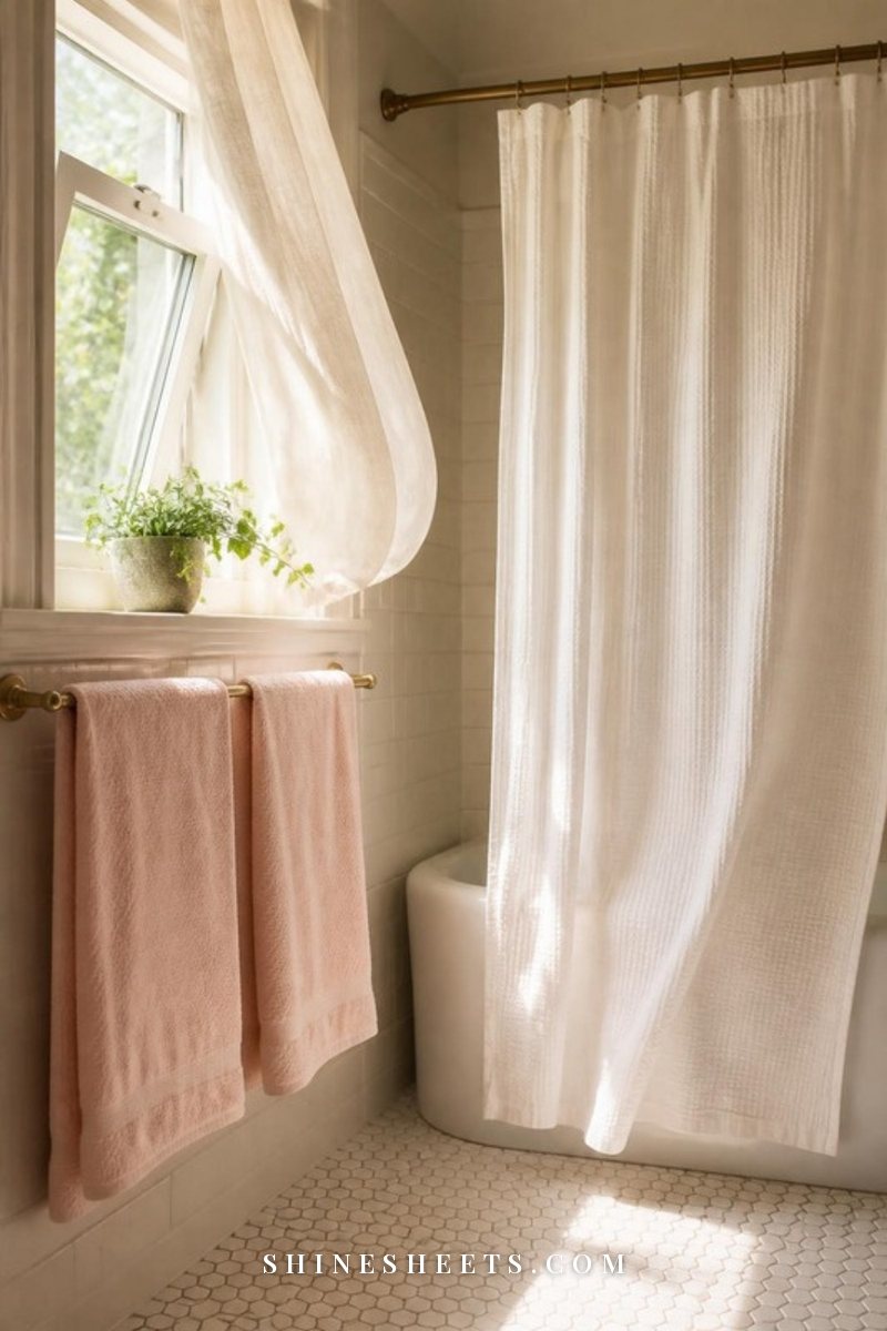 Bright cream bathroom with an open window, a cracked-open shower curtain and fresh towels spread to dry