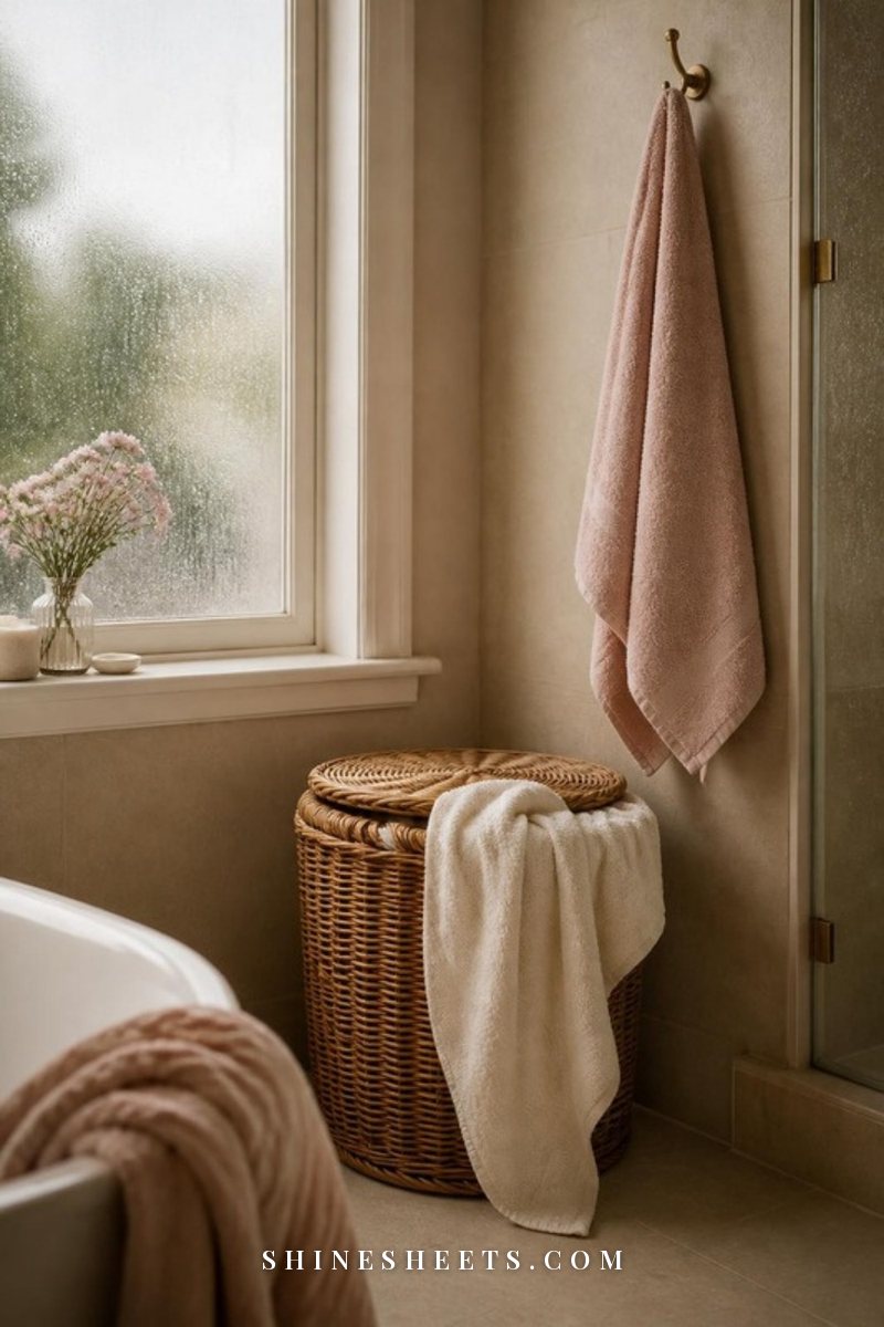 Damp folded towels on a closed wicker hamper beside a fogged bathroom window in soft daylight