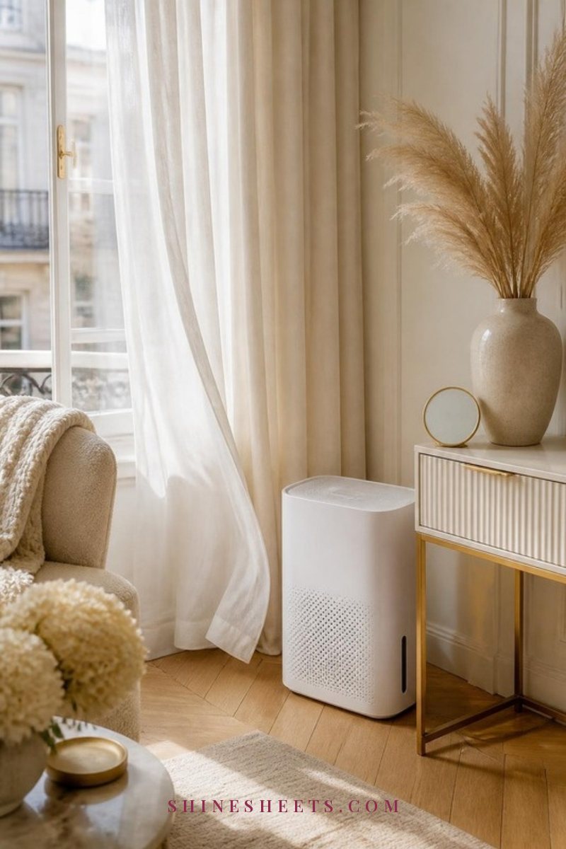 Small white dehumidifier and a round hygrometer on a cream console next to an open window with linen curtains