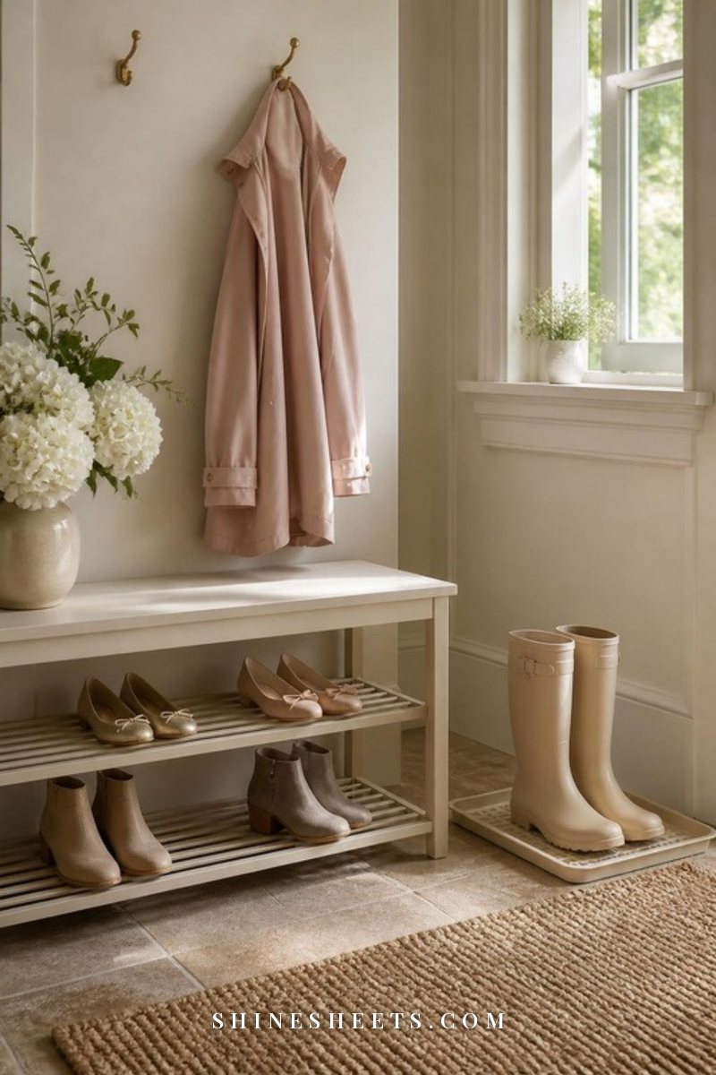 Tidy entryway with a boot tray, a wall hook holding a drying blush raincoat and an open shoe bench