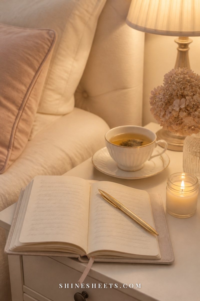 A cream linen journal open beside a glass candle, a cup of evening tea and a reading lamp on a bedside table