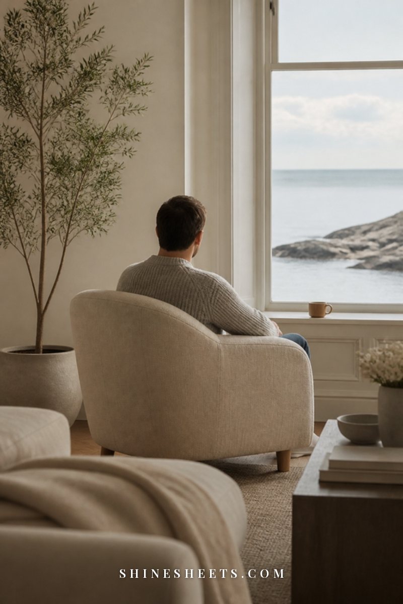 A man's quiet reading corner seen from behind: a figure in a gray sweater sitting alone by a window with a coffee