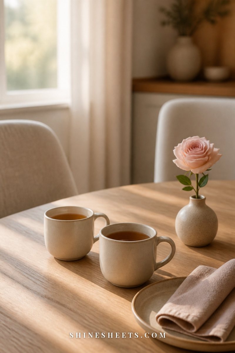 Two cream mugs side by side on a sunny breakfast table with a vase of blush roses and a folded linen napkin