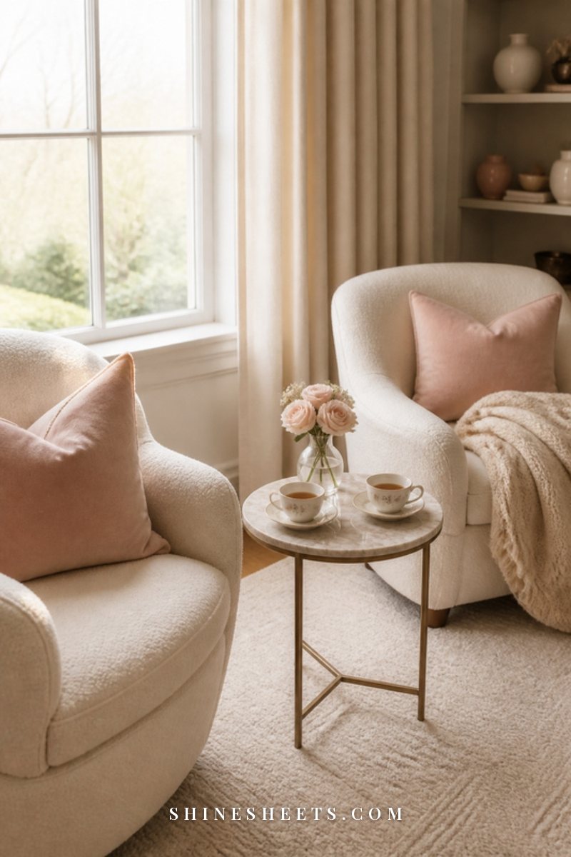 Two cups of tea on a small table between two armchairs by a window, a calm setting for a gentle conversation