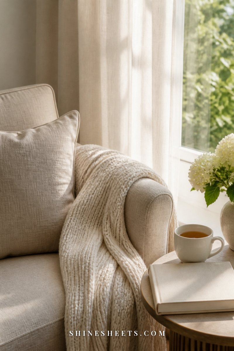 A woman seen from behind sitting on a cream sofa wrapped in a knit blanket, looking out of a window with a cup of tea