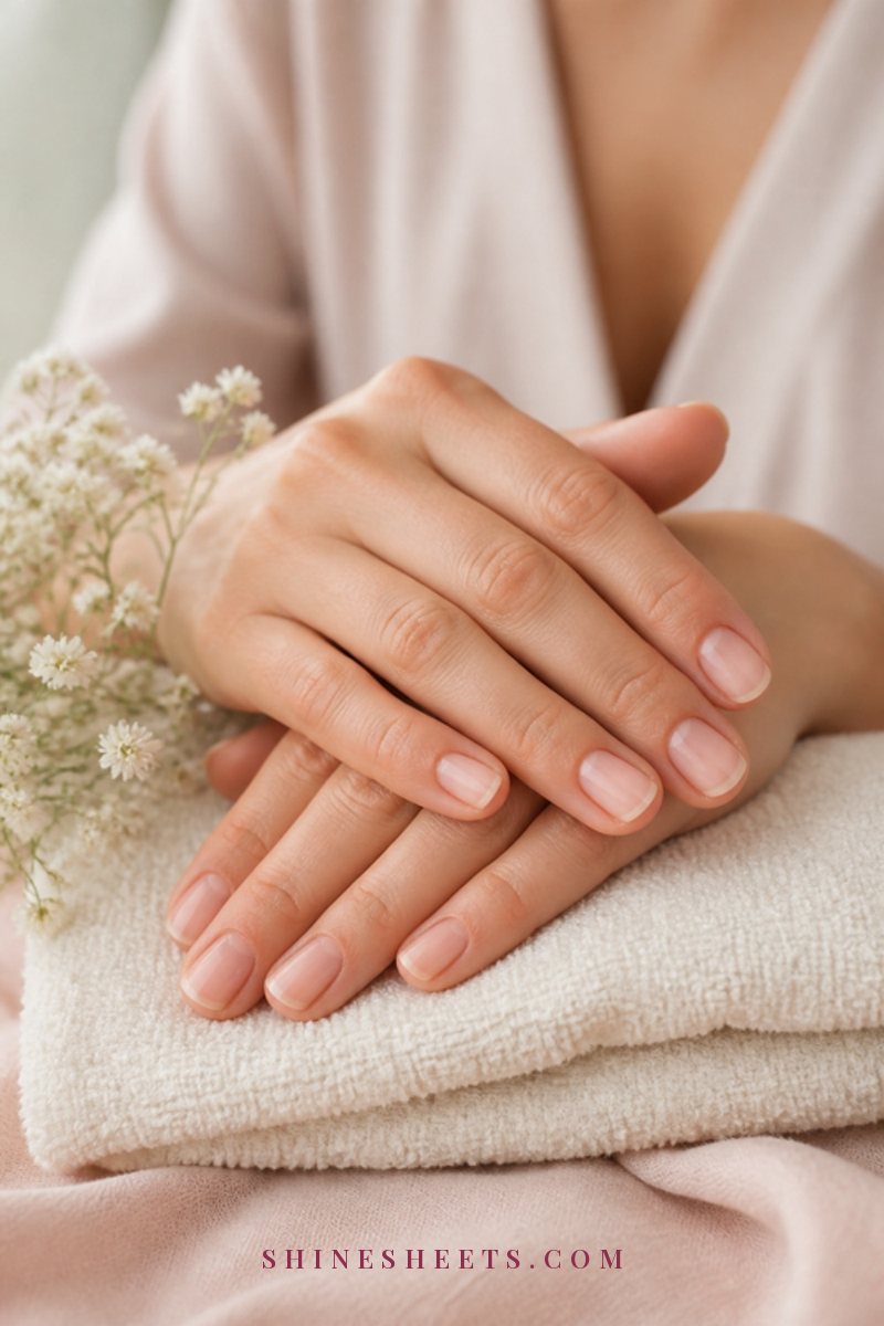 Close-up of a woman's hands with clean short natural nails resting on a cream linen towel in soft daylight