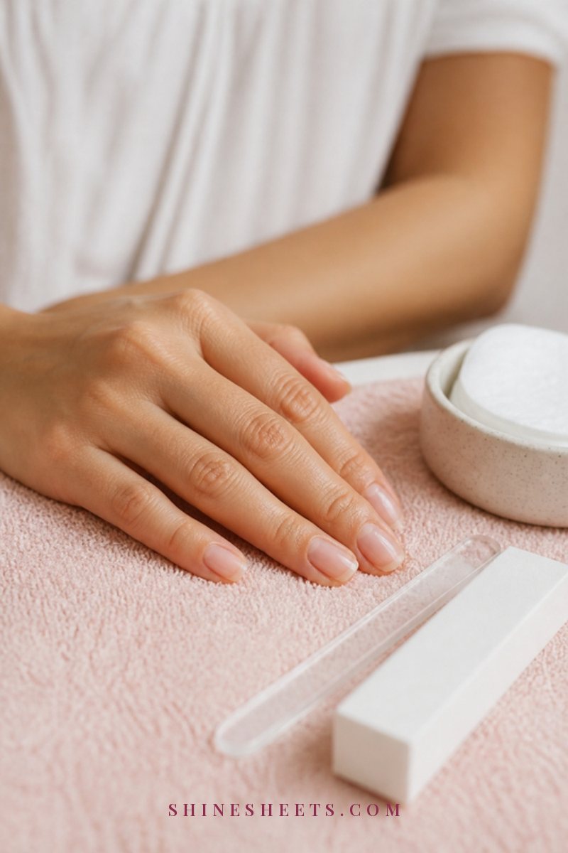 Glass nail file and a soft buffer block next to a woman's hand with neat oval natural nails on a blush towel