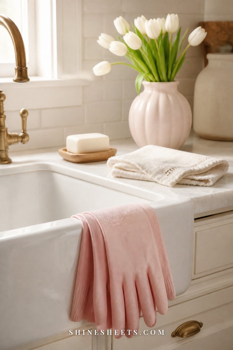 Pair of soft pink rubber cleaning gloves folded beside a white ceramic sink with a bar of soap and a cream towel