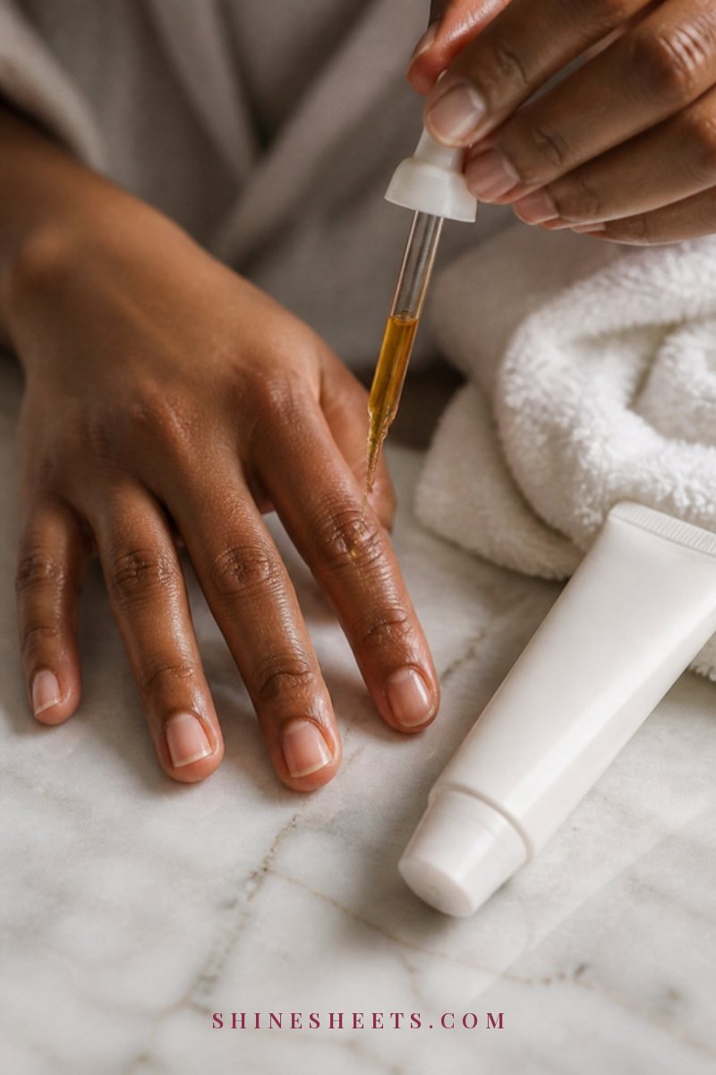 Woman's hand with natural nails applying a drop of cuticle oil beside a cream hand cream tube on a white towel
