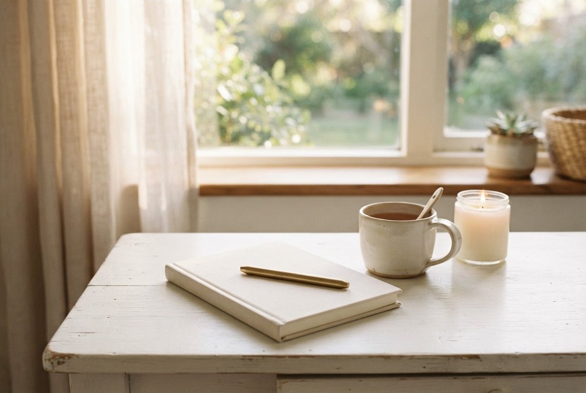 Cream linen journal with a pen, a ceramic mug of tea and a lit glass candle on a white wooden desk in soft afternoon light