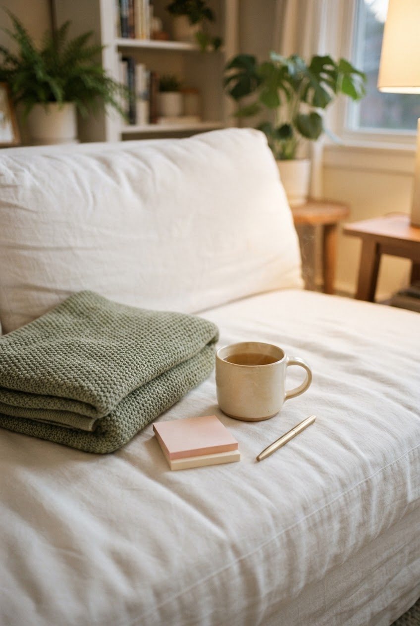 Folded sage knit throw, a cream ceramic mug of tea and a small stack of pastel sticky notes on a white linen sofa