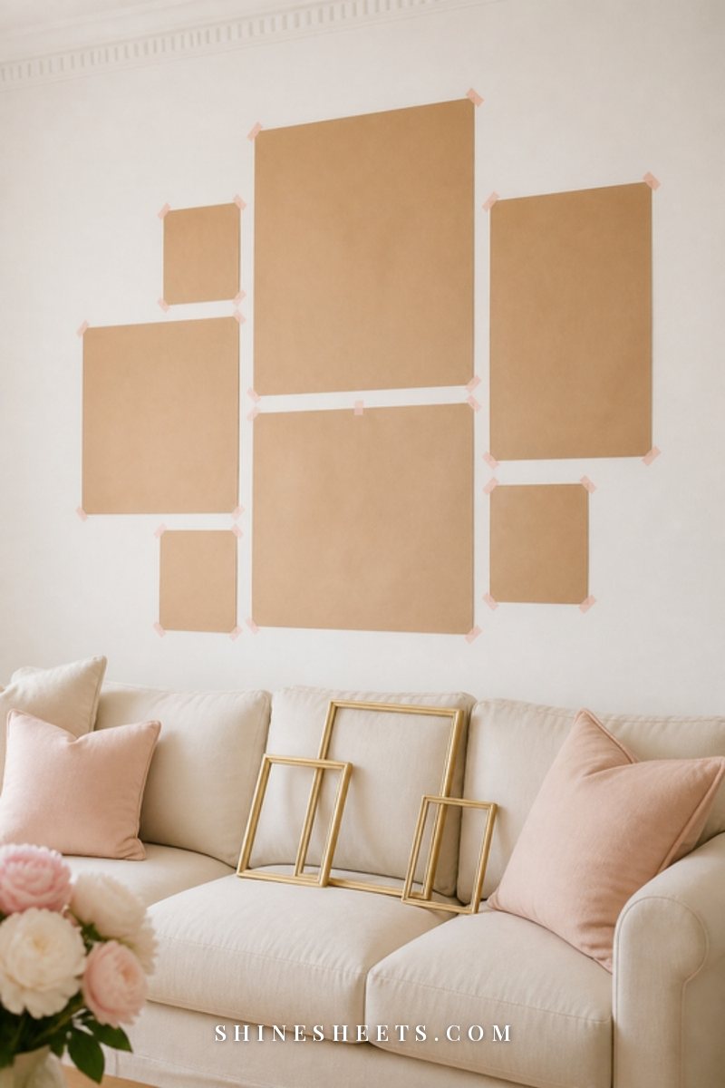 Kraft paper rectangles of different sizes taped to a warm white wall above a cream sofa to plan a gallery layout