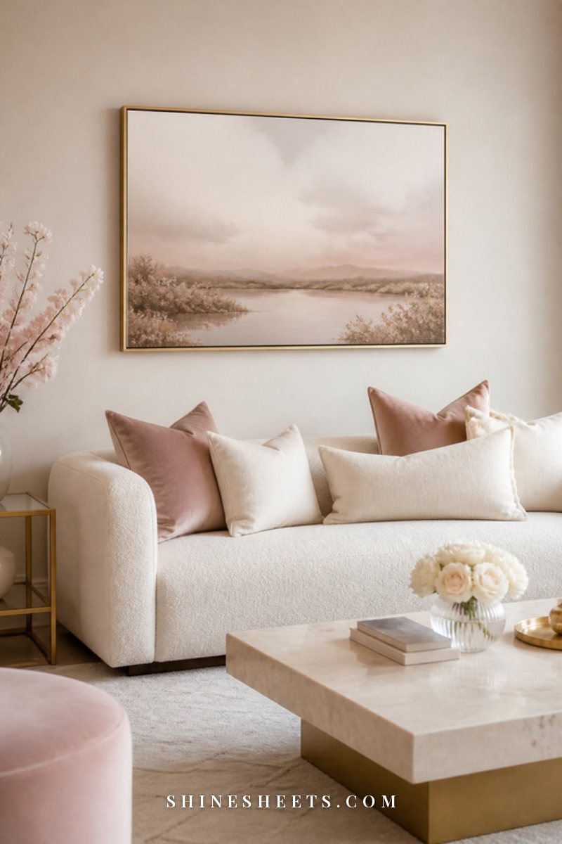 A large framed landscape print hung above a cream boucle sofa with blush pillows, about a hand's width above the sofa back