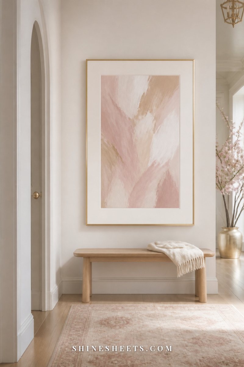 A single large framed abstract artwork in blush and beige tones centered at eye level on a warm white hallway wall