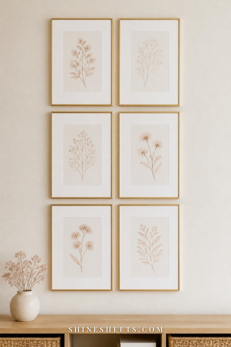 Six matching thin gold frames with soft botanical prints arranged in a neat grid with even narrow gaps on a cream wall