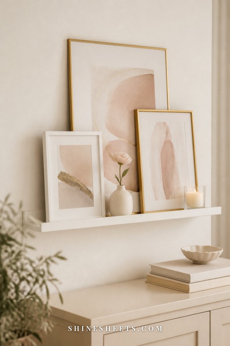 A white picture ledge shelf with layered leaning frames in gold and white above a cream console in soft light