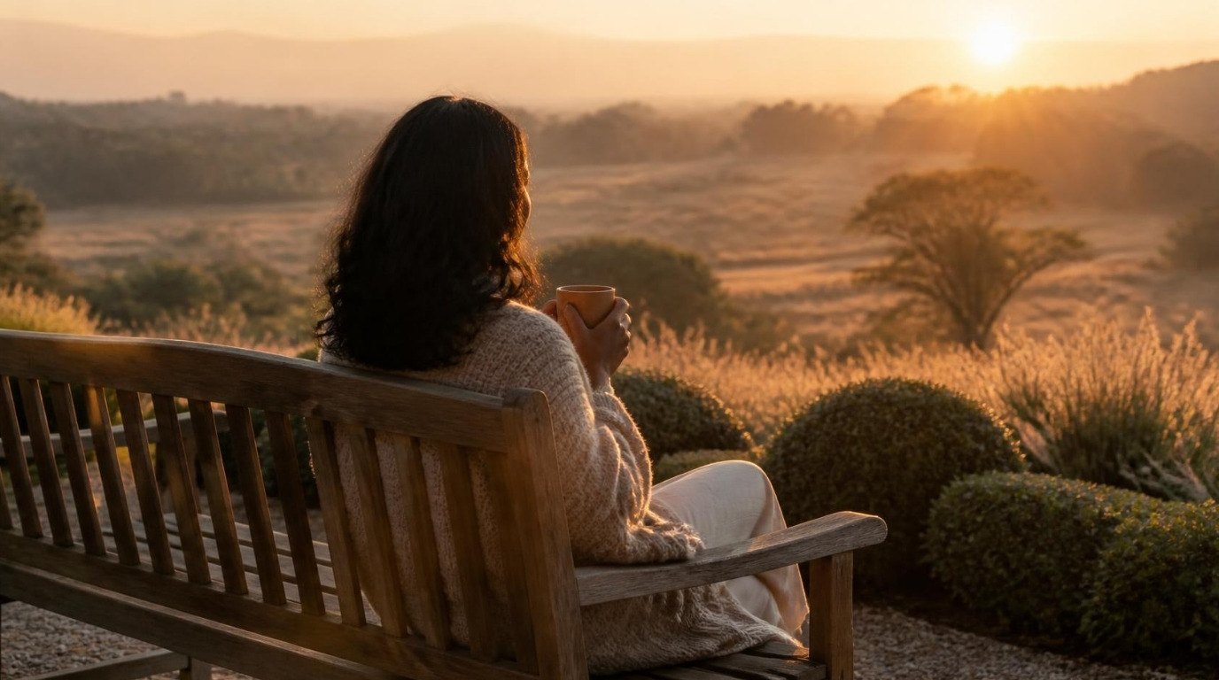 Woman in cardigan seen from behind on a garden bench at sunrise holding a mug