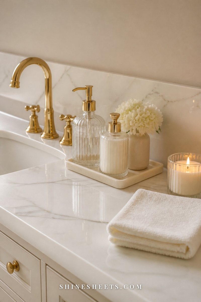 A bright, spotless cream and white bathroom with folded towels, a glass candle and a small vase of flowers on the counter