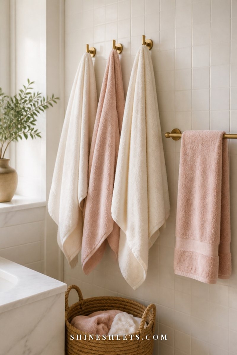 Fluffy cream and blush towels hanging neatly on brass hooks and a towel bar in a bright bathroom