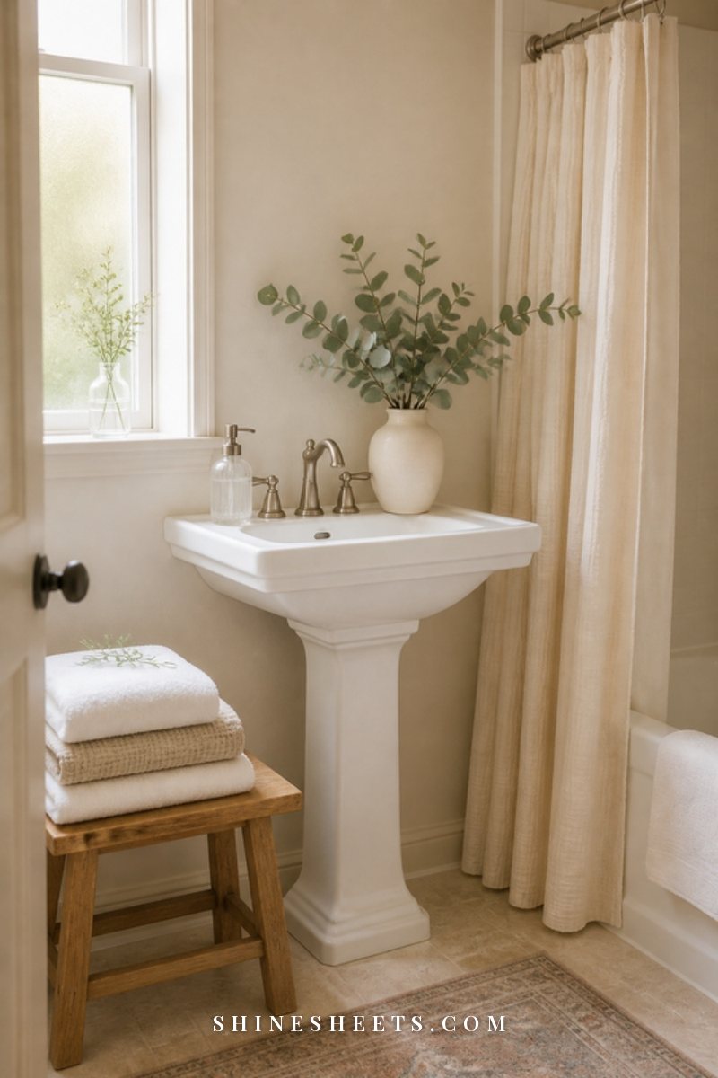 A freshly washed white shower curtain, stacked fresh towels and a clean bath mat in a bright, airy bathroom