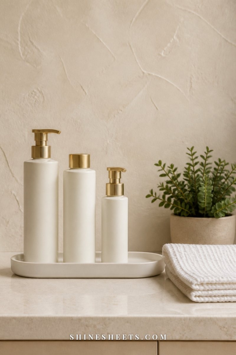A minimal bathroom counter with a single gold-rimmed tray holding a few cream bottles beside a white sink